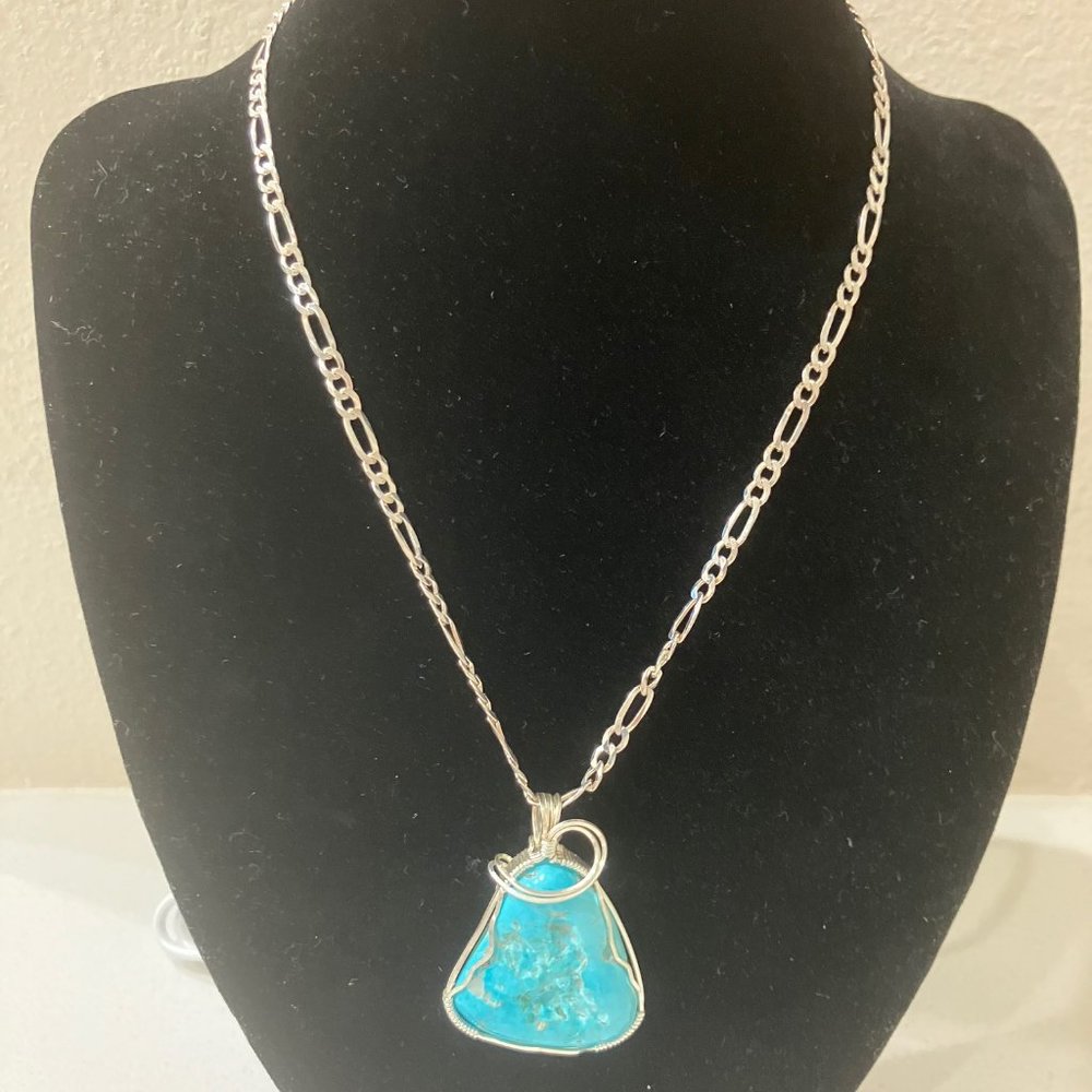 22 inch Italian silver chain with large Turquoise  pendant